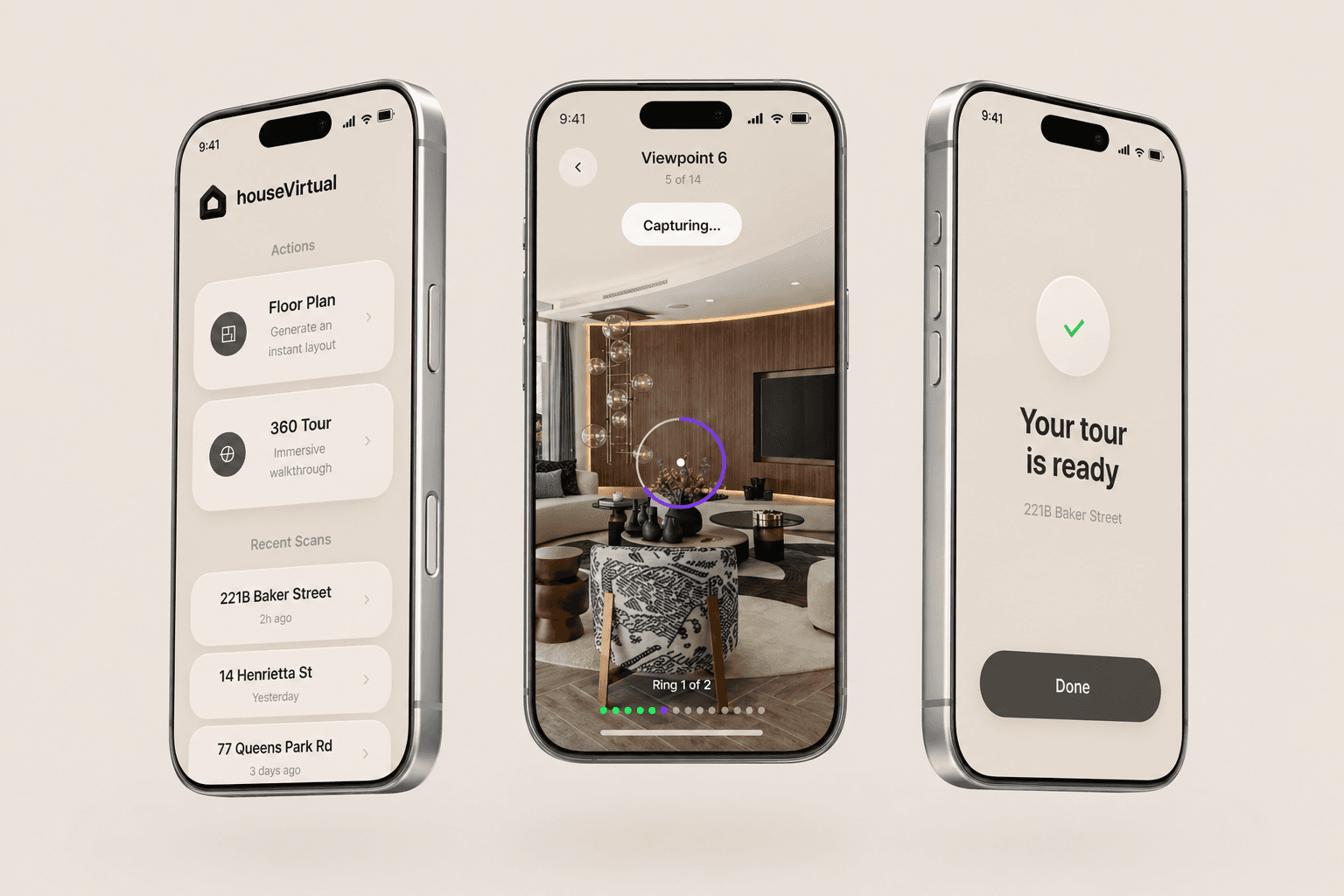 App screenshots showing scan, upload, and done screens